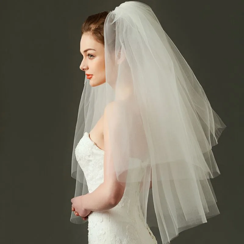 Voile de Mariage Simple en Tulle Blanc Ivoire à Deux Couches, Accessoires de Mariée Bon Marché pour Patients