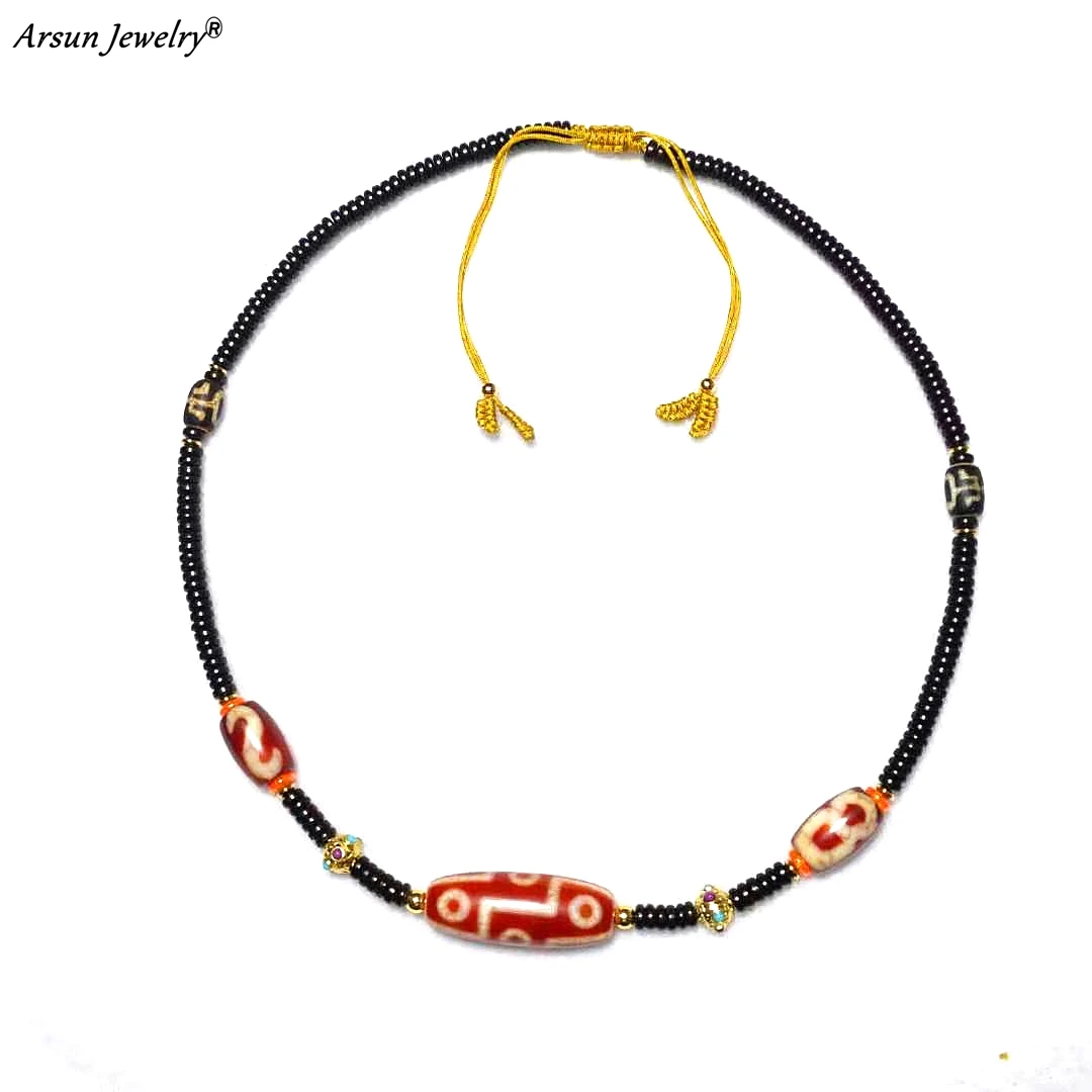 

Tibetan God of Wealth 9 Eyes Money Hook Totem Red Agate Dzi Beads Coconut Shell Septum Beaded Adjustable Ladies Short Necklace