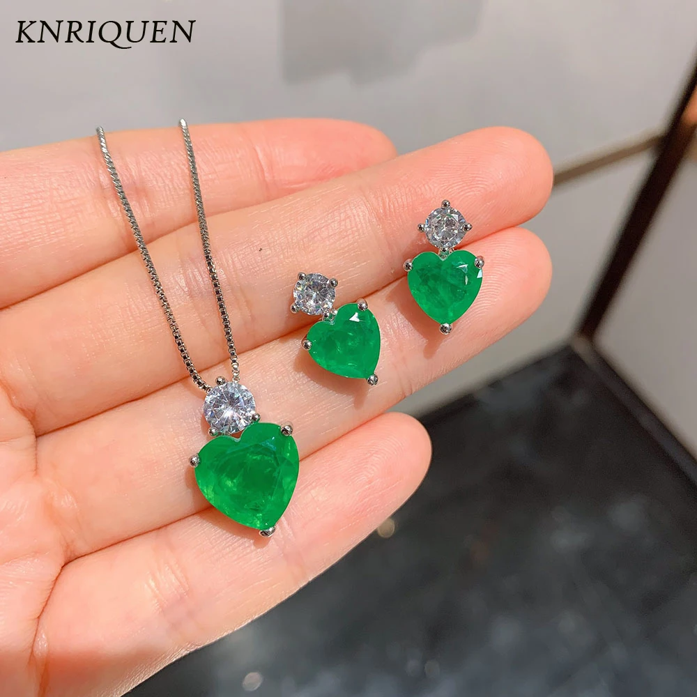 KNRIQUEN Luxury Emerald Lab Diamonds Earrings Pendant Necklace Wedding Engagement Fine Jewelry Set for Women Vintage Accessories