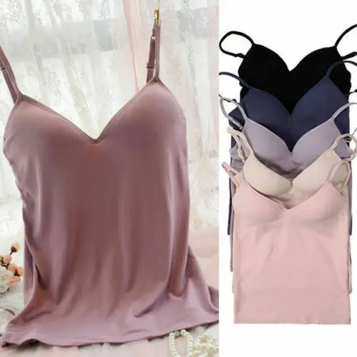 Women Padded Bra Spaghetti Strap V Neck Vest Cami Tank Tops Shirt New trendy solid casual sleeveless summer