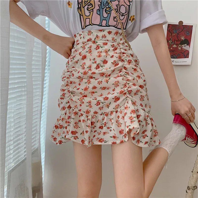 Skirts Women Fashion Folds Sexy Floral Empire Trendy Harajuku Mini All-match Club Ladies Lined Summer Cool New A-line Holiday