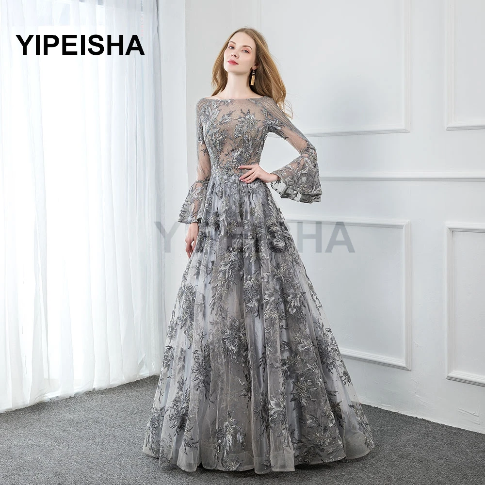 Customized Gray Lace Long Sleeve Evening Dresses Embroidered Crystals Bead Formal Prom Party Gown Custom Size Robe Soirée Mari