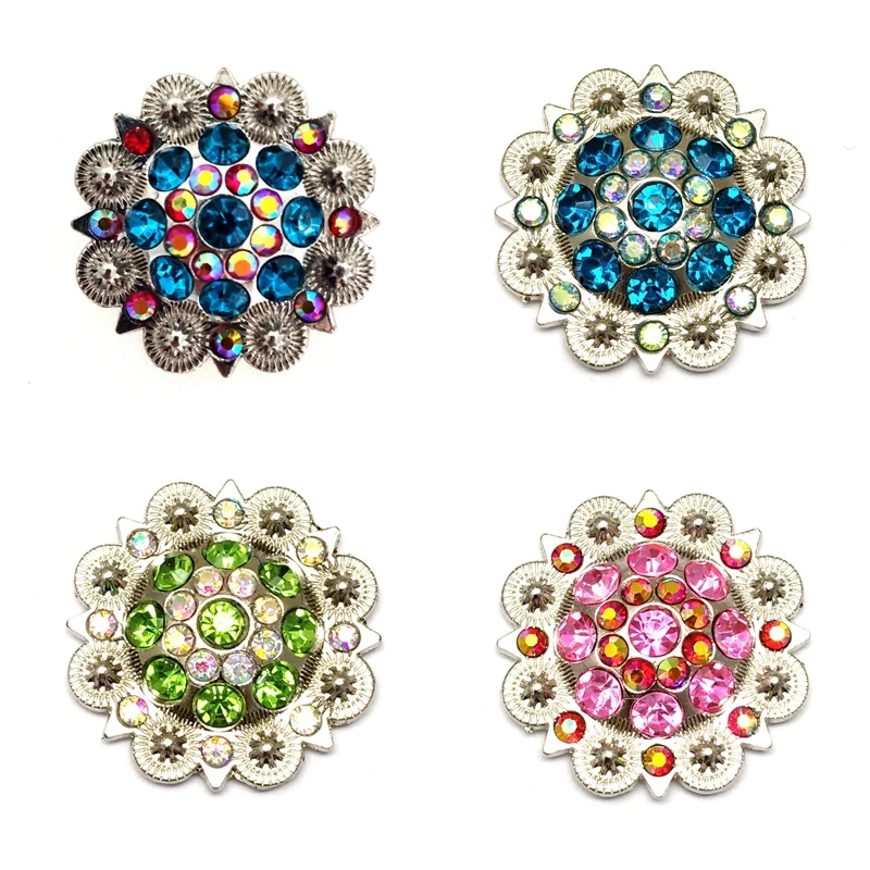 Conchos occidentales de flores de Metal, accesorios de cinturón de decoración de diamantes de imitación Multicolor, blanco y azul, venta al por