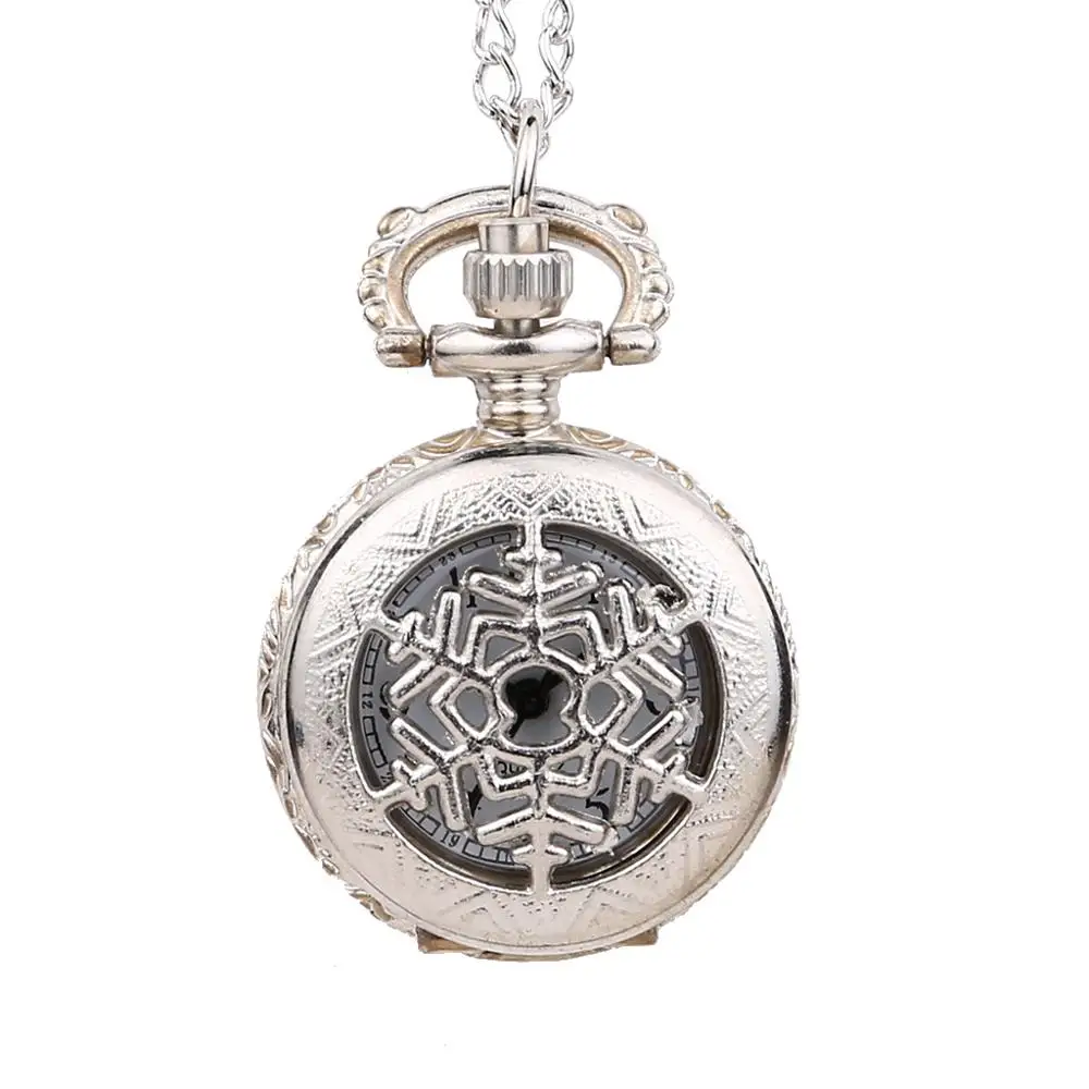 6074Low-key luxury silver snowflake pattern open cover mini pocket watch ladies and children's gift with chain