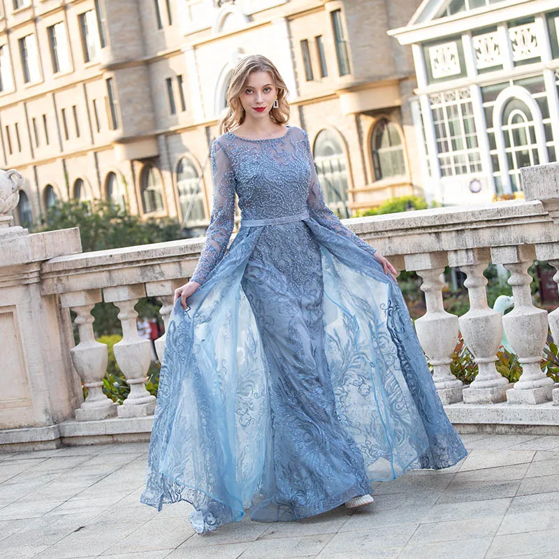 Dubai Blue Embroidered Long Sleeve Evening Dress O Neck Lace Stones Formal Evening Gowns Mermaid Robe De Soiree