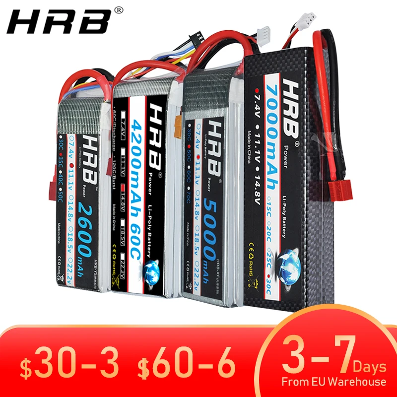 HRB 2S 3S 5S 4S 6S Lipo Battery 3000mah 4000mah 5000mah 6000mah 7.4V 11.1V 14.8V 18.5V 22.2V XT60 Deans EC5 FPV Airplanes