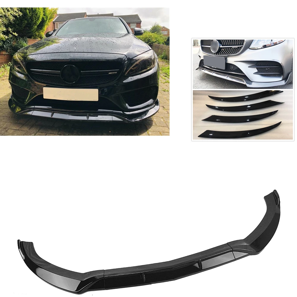 

Gloss Black Car Front Bumper Spoiler Lip+Side Air Vent Intake Cover Splitter Trim For Mercedes Benz C-Class W205 2015-2018 Sport