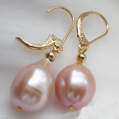 New Arrival Unique Pearl Jewelry Huge 15mm Pink Baroque Freshwater Pearl Dangle Earring 14k-20 Gold Hook Charming Women Gift