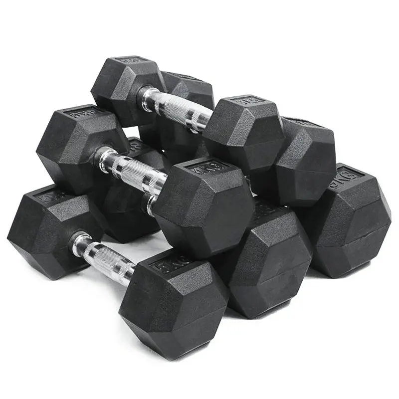 35KG Environmental Rubber Coated Cast Iron Hexagonal Professional Dumbbell with Metal Handle