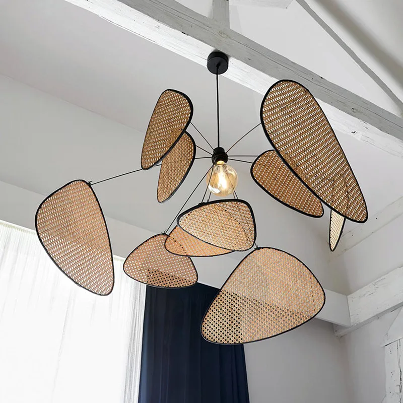 Nordic Designer Leaf Grid Rural Head Made Rattan Led Pendant Lamp Retro Restaurant Bedroom Kitchen Decor Hanging Light Fixtures