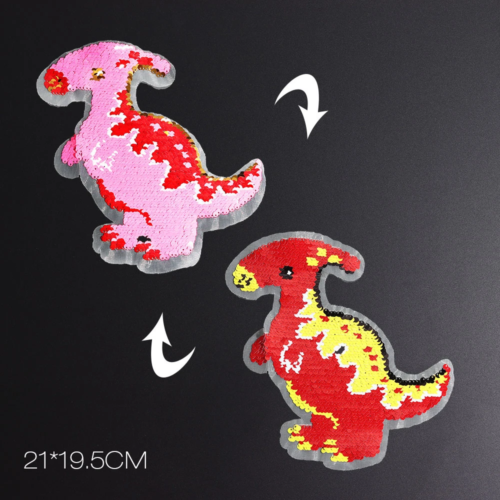 Cartoon Dinosaur Reverse Sequins Sew On Patches for Clothes Coat Sweater Embroidered Change Color Reversible Patch Appliques