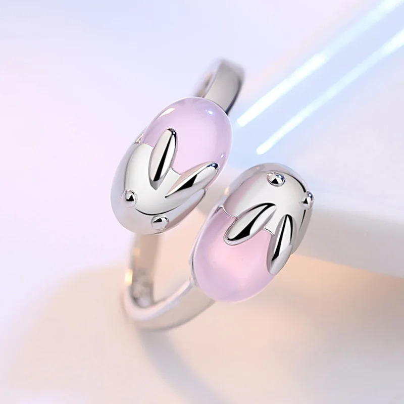 Ventfille 925 Sterling Zilver Nieuwste Opening Ring Leuke Roze Crystal Rabbit Ring Voor Vrouwen Anel Valentijnsdag Aanwezig