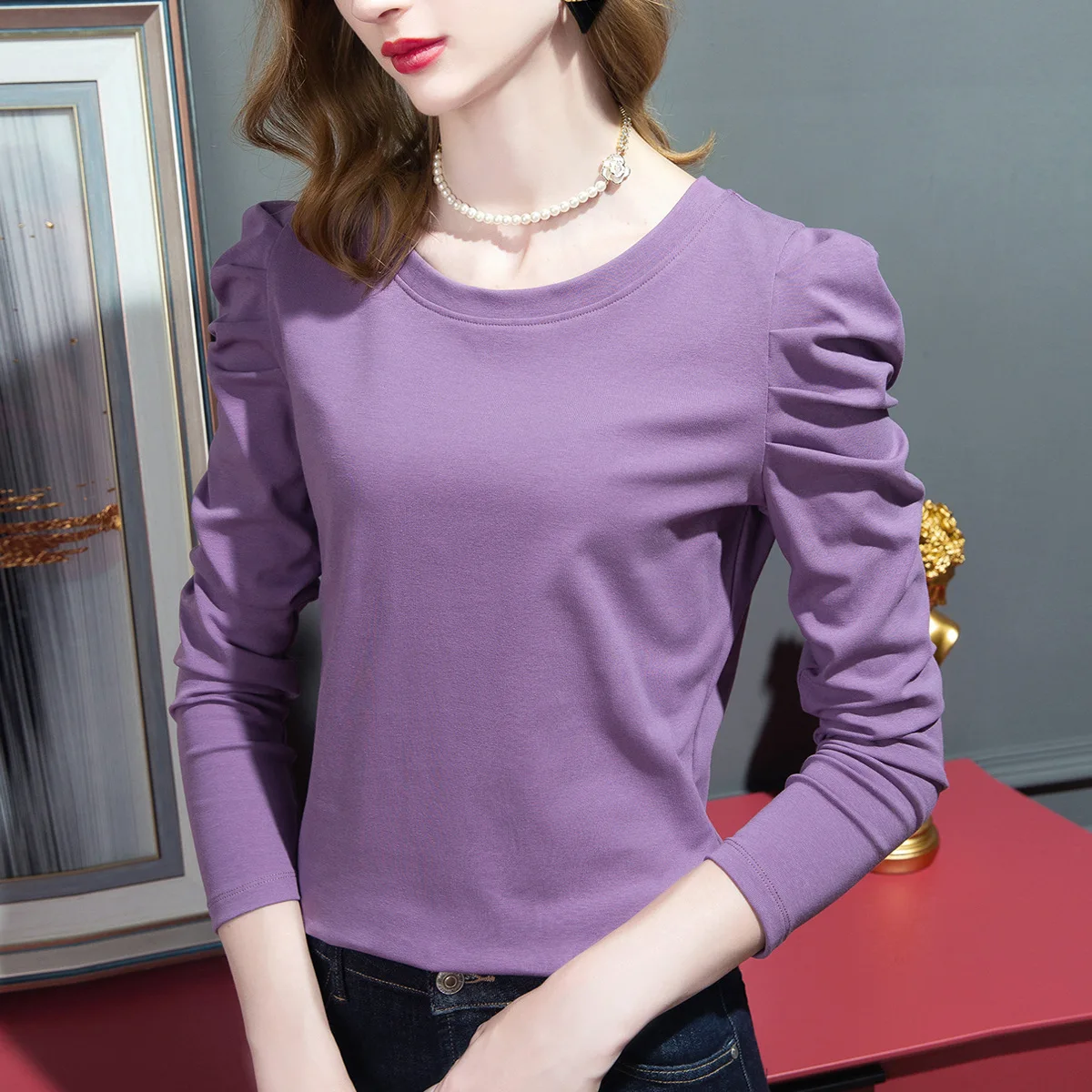 Long-sleeved T-shirt Women\'s Autumn and Winter New Solid Color Cotton Pleated Puff Sleeve Design Knit Round Neck Top