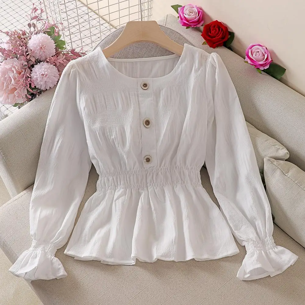 Blouse Women Autumn Ruffled Long Sleeve Shirt Pleated Bell Sleeve Top Blusas Ropa De Mujer