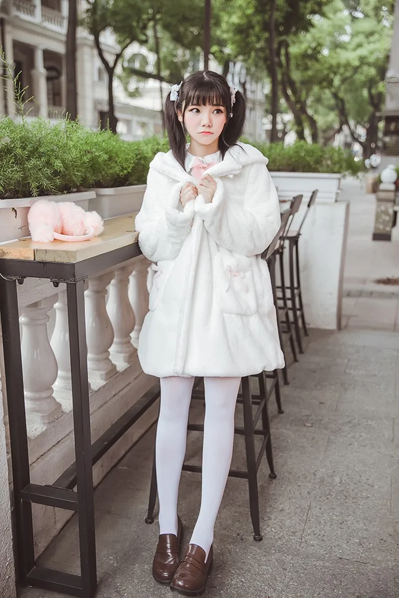 

Japanese winter clothes kawaii girl sweet lolita plush coat cute cat hooded thicken medium and long section lolita overcoat loli