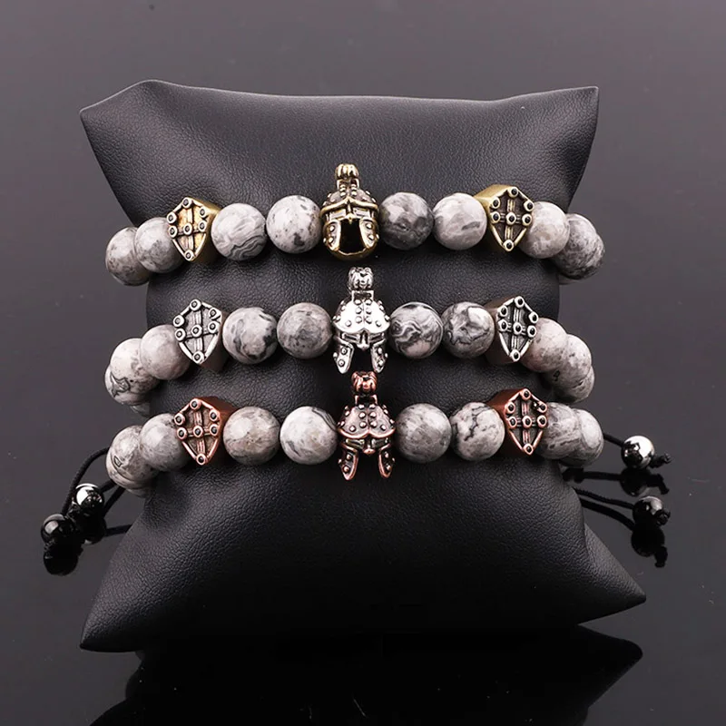 

New Fashion Natural Stone Map Jasper Beads Antique Brass Helmet Shield Charm Macrame Bracelet Jewelry Men Women