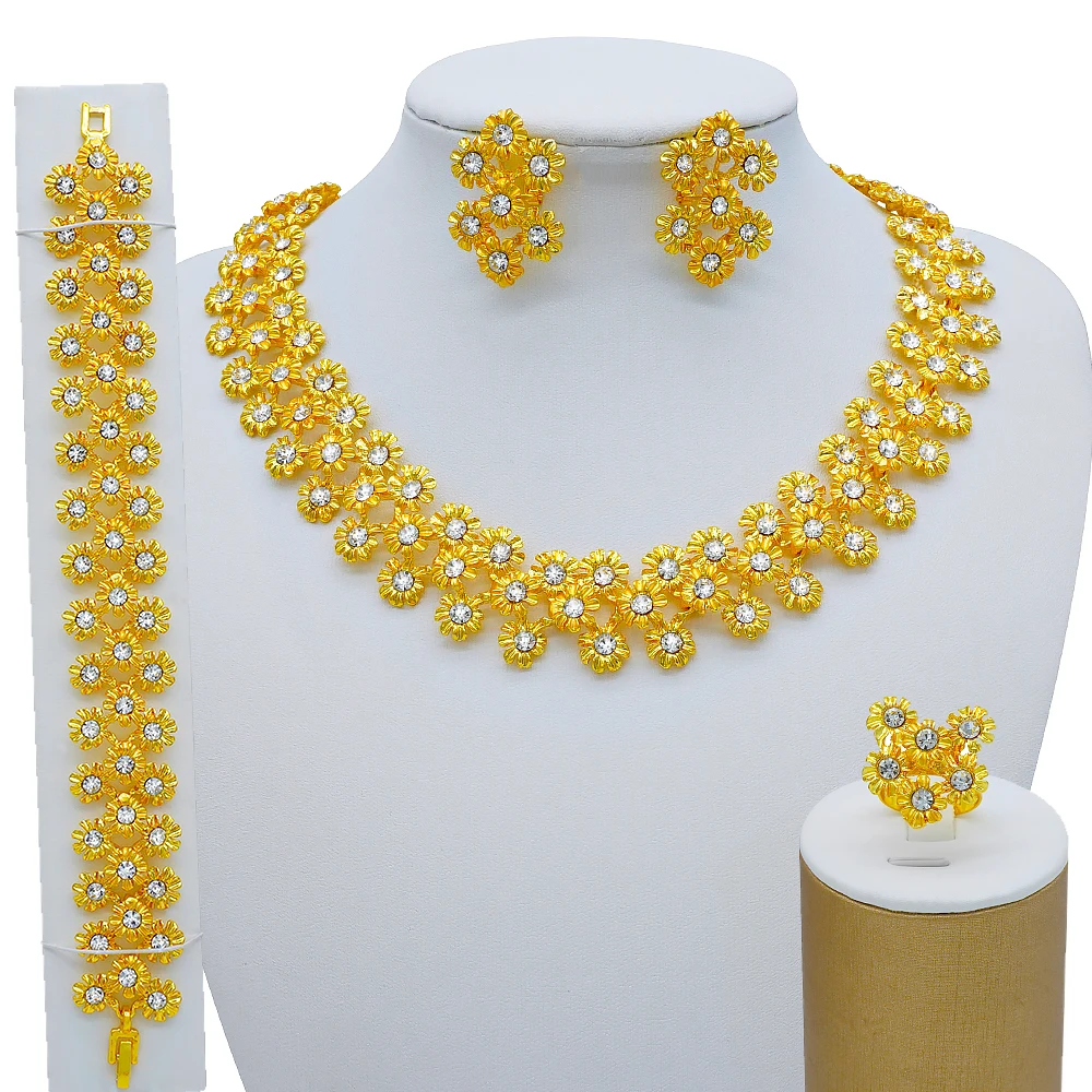 Dubai Women Gold Color Jewelry Sets African Wedding Bridal Gifts For Saudi Arab Necklace Bracelet Earrings Ring Jewellery Set