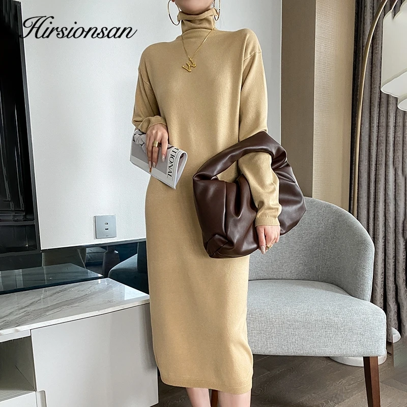 Hirsionsan Elegant Spring Autumn Bodycon Sweater Dress Women Soft Long Sleeve Solid Knit Dress Female 2023 New Clothing