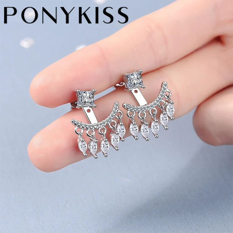 PONYKISS Bohemian 925 Sterling Silver Five Petals Tassel Zircon Back Hanging Stud Earrings for Women Fine Jewelry  Drop Shipping