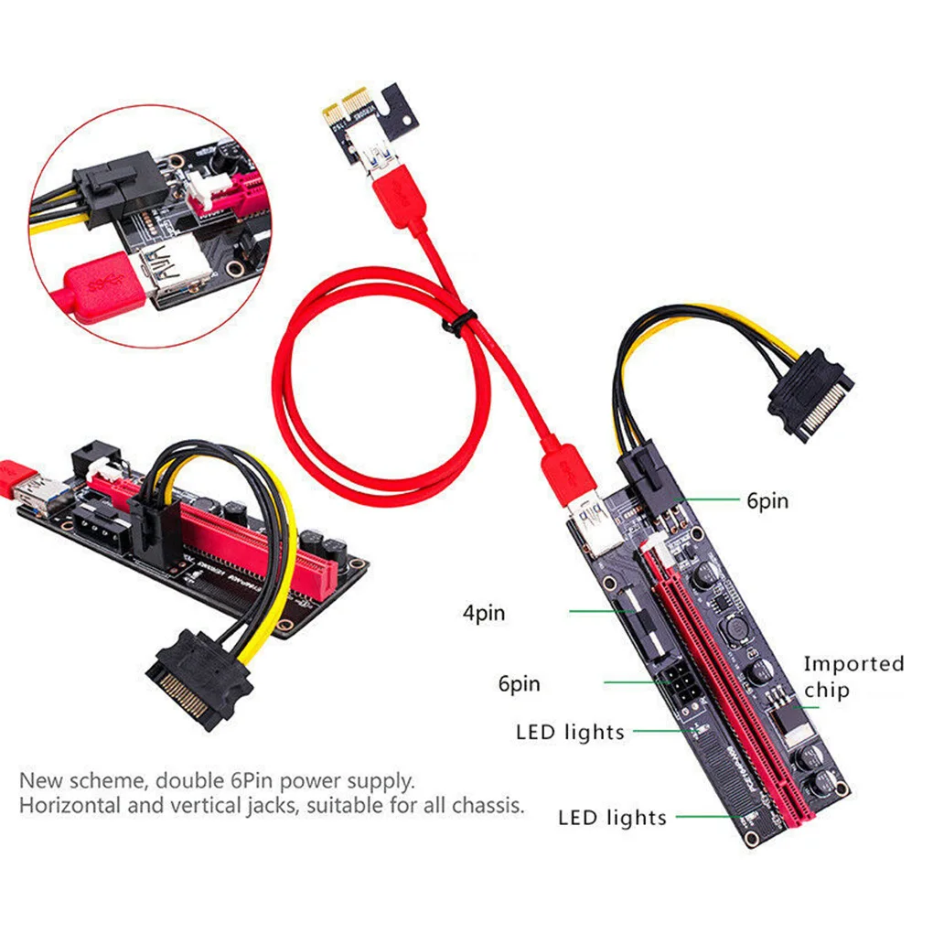 6Pcs Nieuwste VER009 Usb 3.0 Pci-E Riser Ver 009S Express 1X 4x 8x 16x Extender Riser Card Adapter sata 15pin Naar 6 Pin Power Kabel