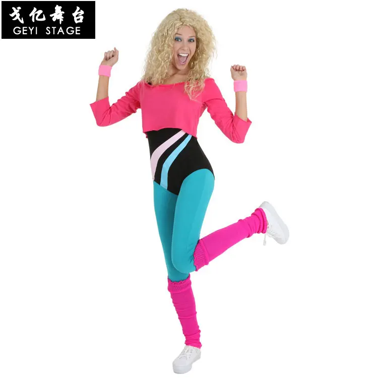 

Halloween Bodybuilding Costumes 80s Retro Clothing Sport Girls Cosplay Women Fitness Tights Sportswear Bodysuit Power Suit