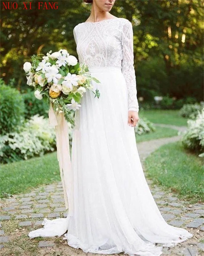 2020 einfache Backless Boho Spitze Hochzeit Kleider Langarm Weiß Chiffon Braut Kleid EINE Linie Strand Hochzeit Kleid Vestido De noiva