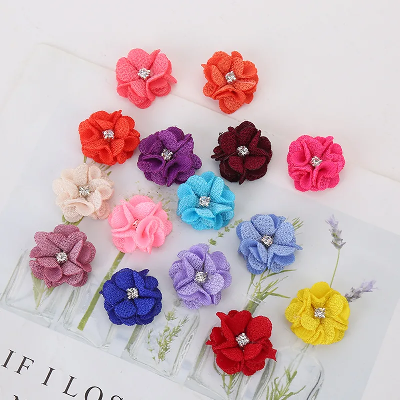 10Pcs/lot Multi Colors Handmade Small Fabric Satin Flowers with Rhinestone Appliques Sewing Wedding Garment Accessories Flowers