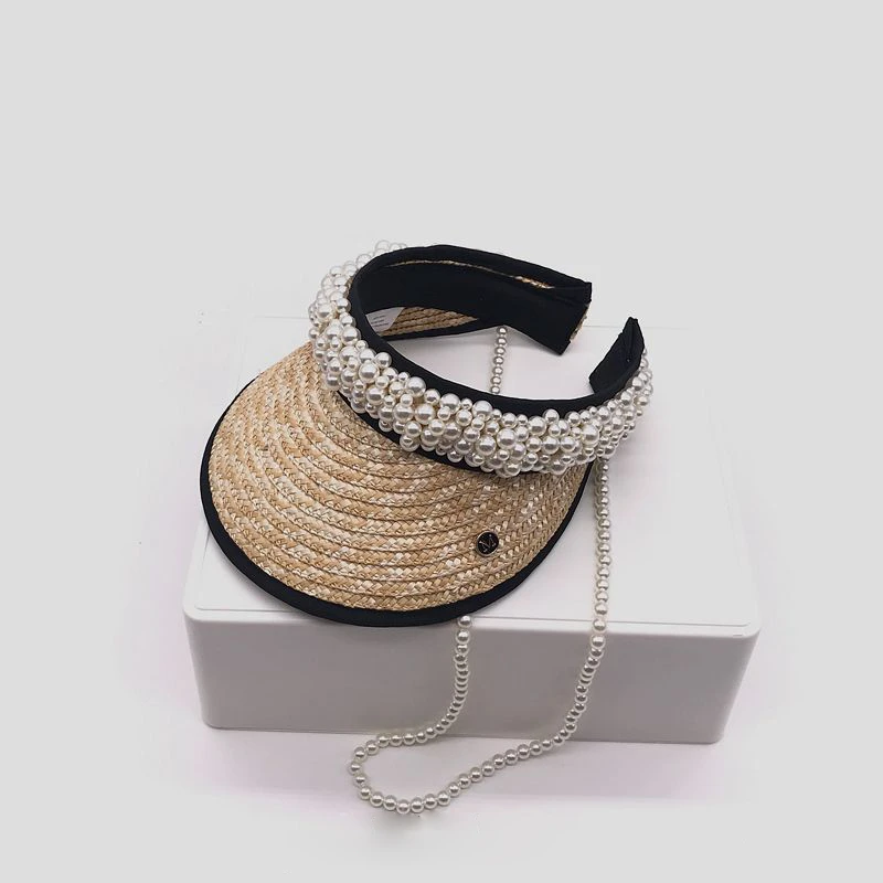 

High Quality Handmade Customize Pearl Empty Top Visors Women Summer New Design Straw Sun Hats Beach Caps For Female Visera Mujer