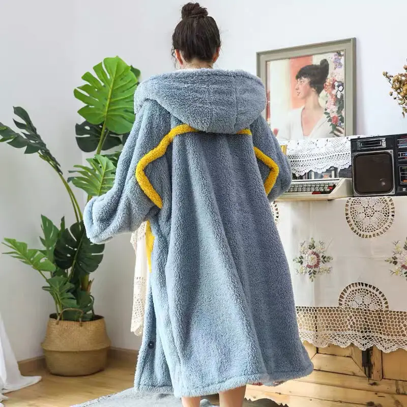 Winter Thick Coral Fleece Sleepwear Robe Winter Women Hooded Nightgown Kimono Bath Gown Loose Flannel Long Nightdress Home Wear