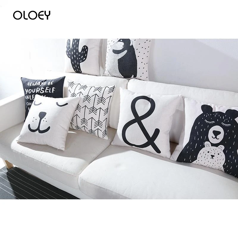 Black and White Cute Bear Cushion Cover Cute Cartoon Animal Cactus Plant Duvet Cover Cushion Home Bedroom Hotel Car Decoration .