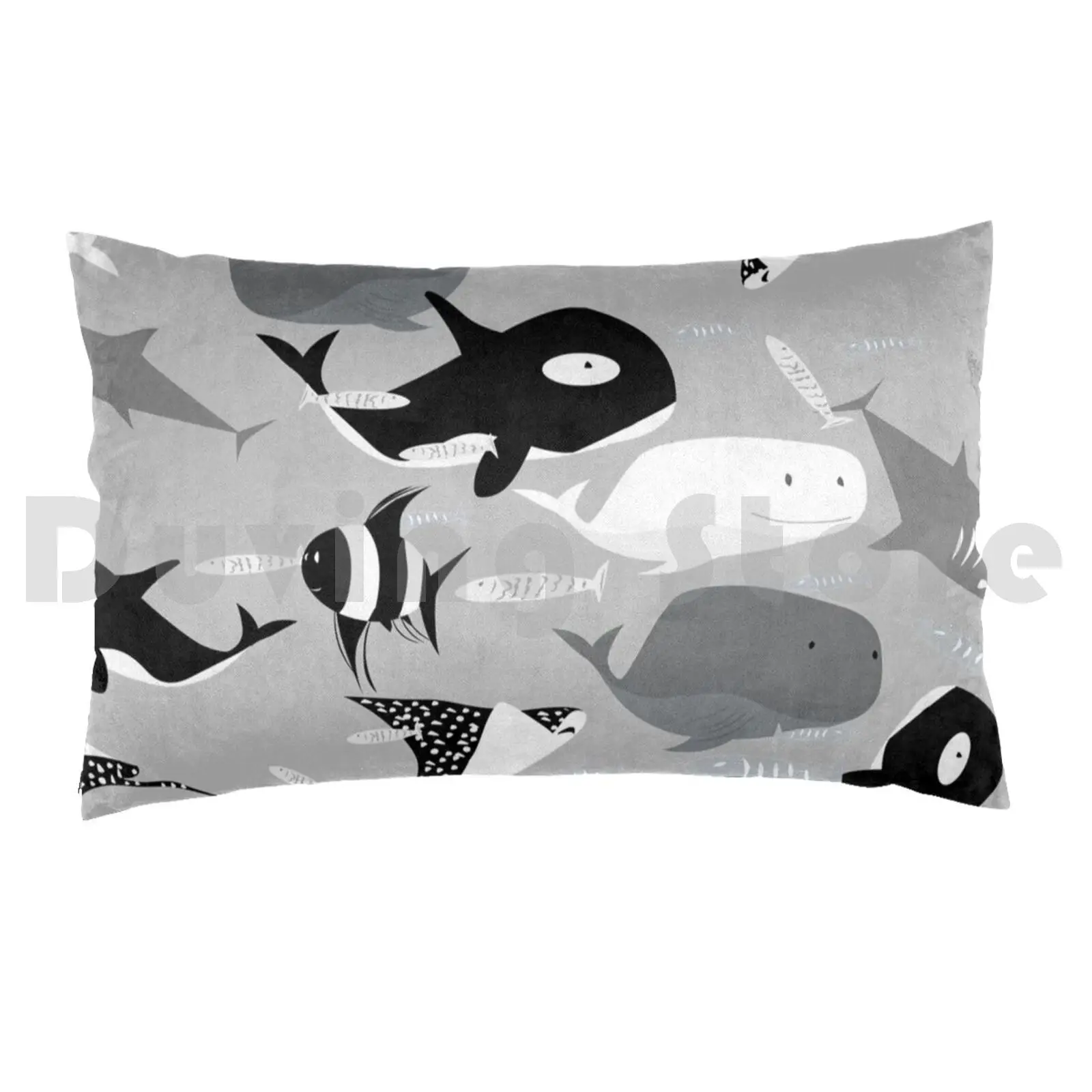 Ocean Creatures Pillow Case Printed 50x75 Ocean Sea Whale Killer Whale Stingray Shark Fish Blue Grey Animals