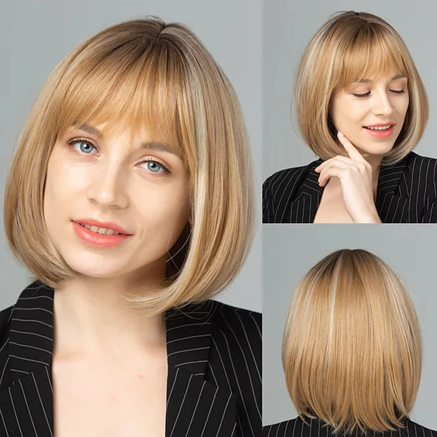 synthetic hair Wig Natural Straight Neat Bang Wig Short Light Blonde Hair Women's costume wig