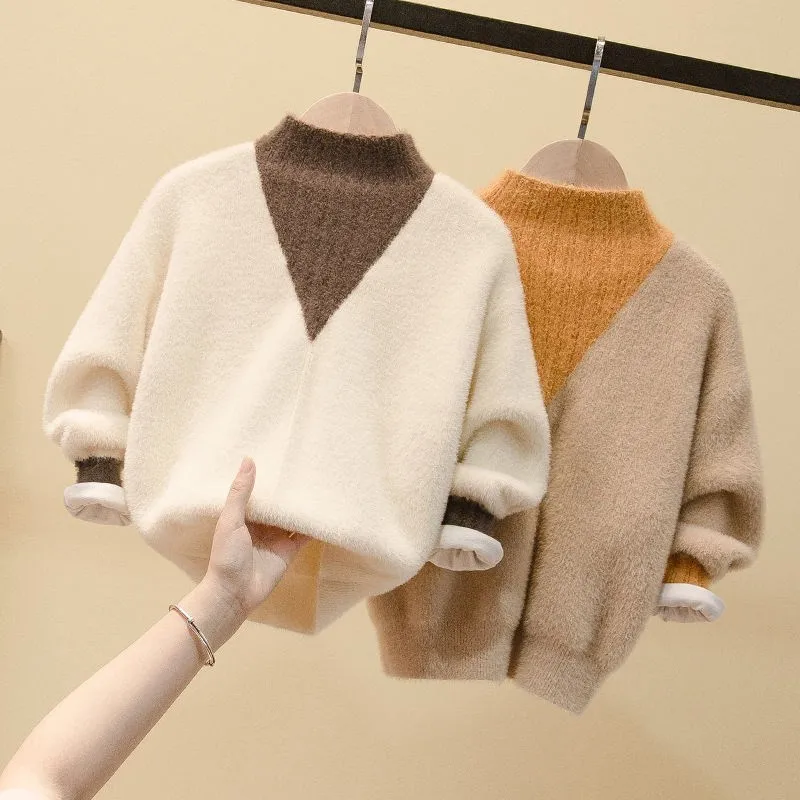 

New Spring Winter Girl Casual Sweater Children's Knitted Kids Turtleneck Warm Long Sleeve Thicken Fashion High Quality Mink Down