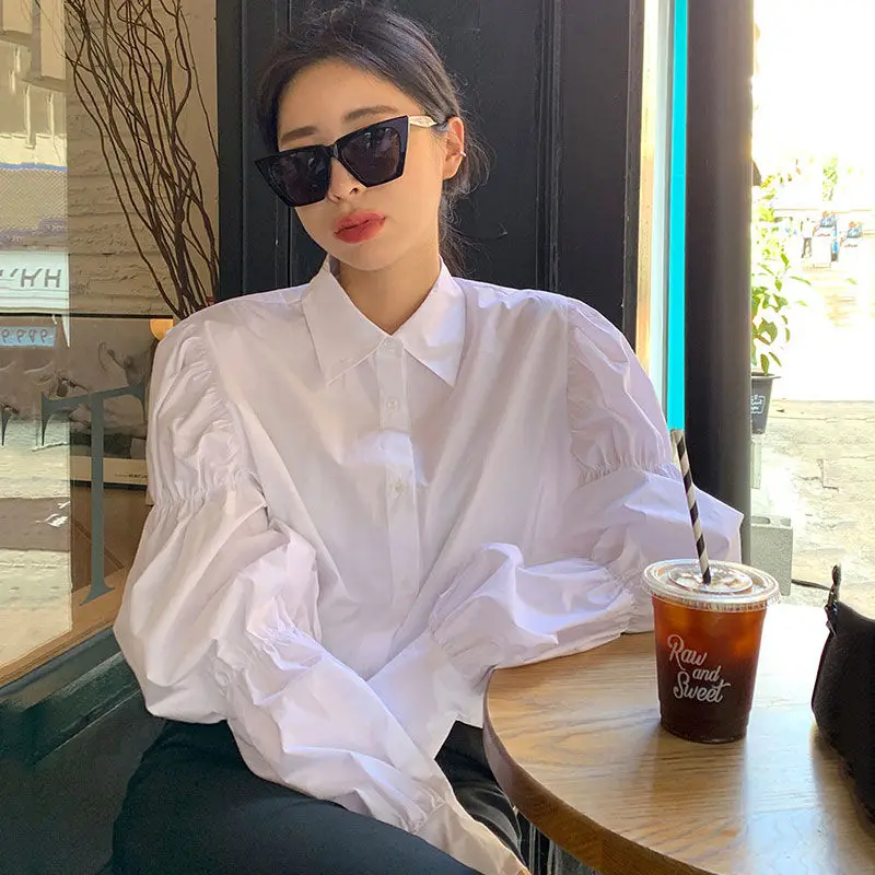 Shirts Women Puff Sleeve Folds Design Korean Style Solid Simple Leisure Harajuku Loose Fashion Turn-down Collar Vintage Elastic