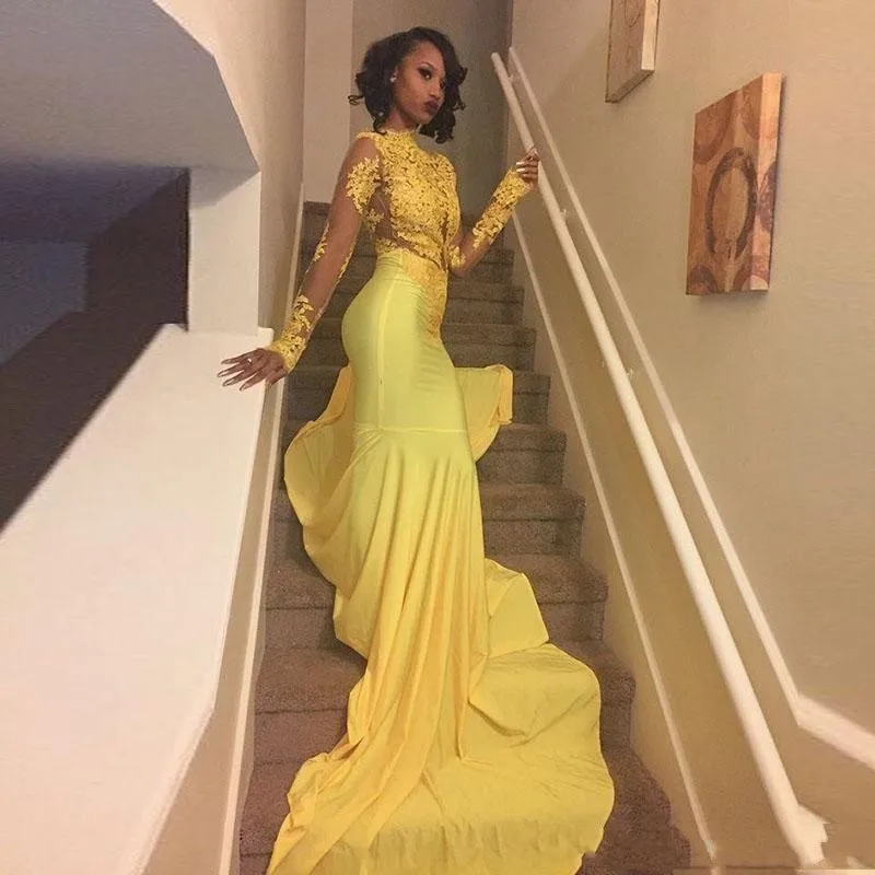 Pretty Yellow African Lace Appliqued Prom Dress Mermaid Long Sleeve Banquet Evening Party Gown Custom Made robe de soriee