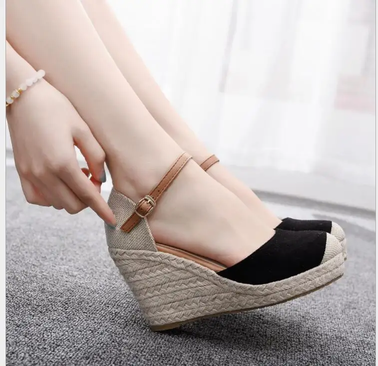 Fashion buckle color block sandals Shoes Suede Wedges High Ankle Sandals Round Toe Casual Shoes High Slope Round Head Sandals