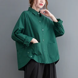 Patchwork Button Pocket Green Oversized Blouse Women New Long Sleeve Loose Casual Shirt Tops Fashion Clothes Spring Autumn 2024