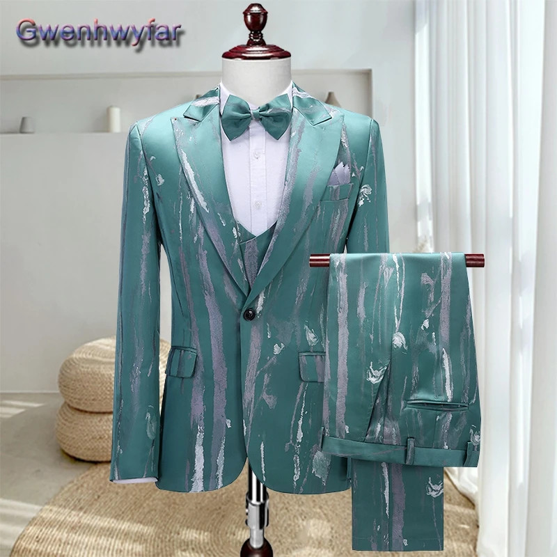 Gwenhwyfar New Men\'s Wear Print High Quality Party Veste Costume 3 Pcs Suit Male Slim Fit Groom Wedding Tuxedo Blazer Masculino