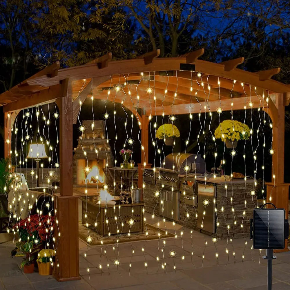 Cortina Solar String Lights Outdoor 8 Modos Fairy Lights Waterproof Copper Wire Lights 3Mx3M Decoração de Natal 2025 Festoon Para Natal / Casamento / Festa / Exterior / Casa / Decoração do quarto