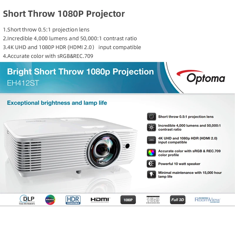 Optoma Short Throw Projector EH412ST Blu-ray 3D Projector For Office Home Theater 1080P FULL HD Beamer HDR Cinema