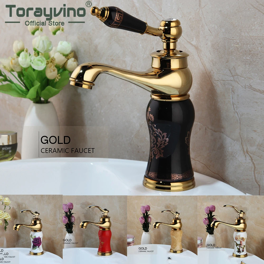 

Torayvino Gold Polished Bathroom Basin Sink Faucet Countertop Mounted Washbasin Taps Swivel Single Handle Hot & Cold Mixer Tap