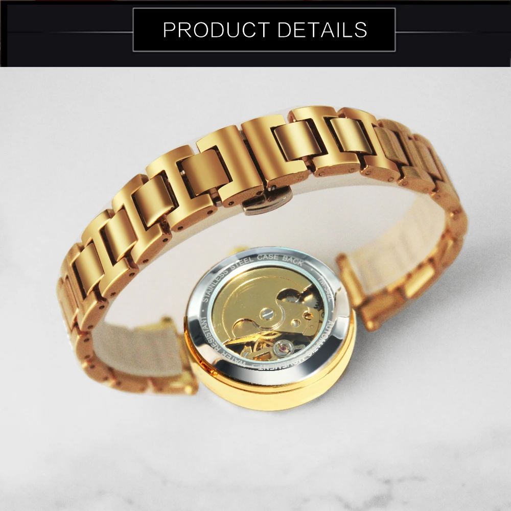 Forsining Gold Skeleton Watch for Women Fashion Diamond Luxury Automatic Mechanical Watches Luminous Hands Stainless Steel Strap