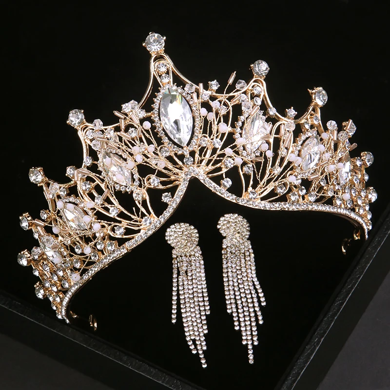 Baroque Luxury Silver Color Crystal Bridal Tiaras Crown With Earrings Rhinestone Pageant Diadem Wedding Hair Accessories Bijoux