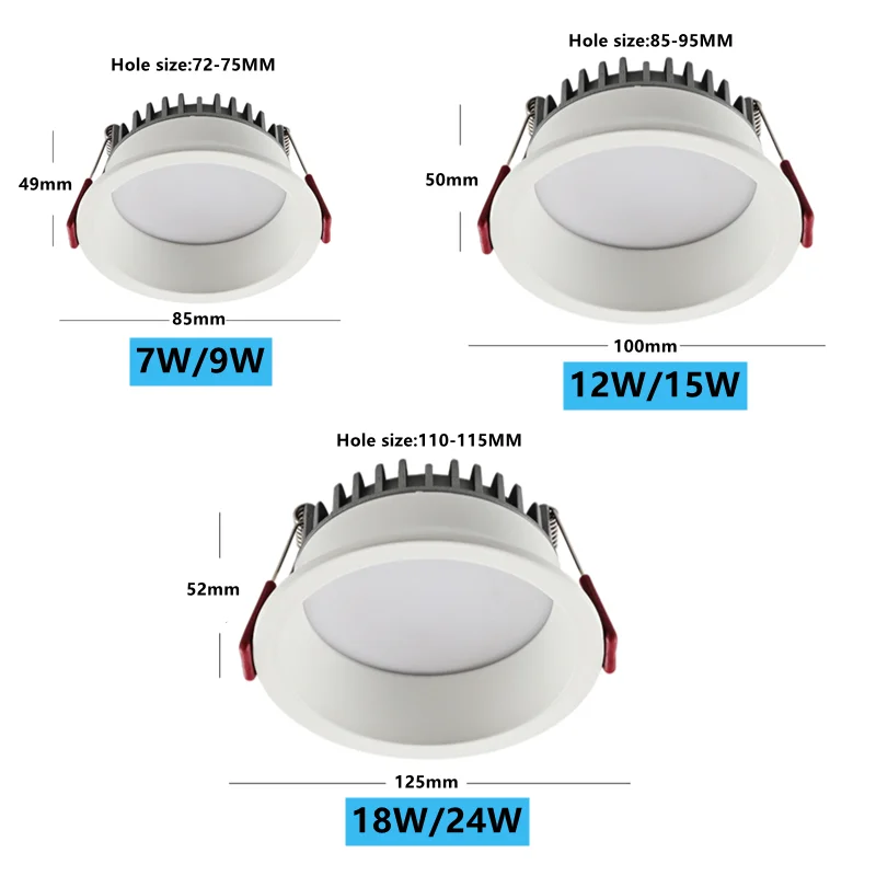 Recesso anti-reflexo levou cob downlight 18w 24w regulável 85-265v lâmpada do teto luz do ponto 12w 15w iluminação do quarto sala de estar em casa