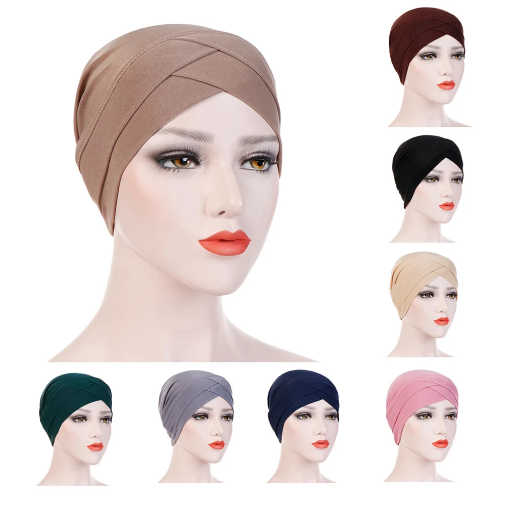 New Women Hat Solid Color Muslim Turban Cross Head Wrap Chemo Bandana Muslim Scarf Hijab Bonnet Cap India's Hat Ethnic Inner Hat