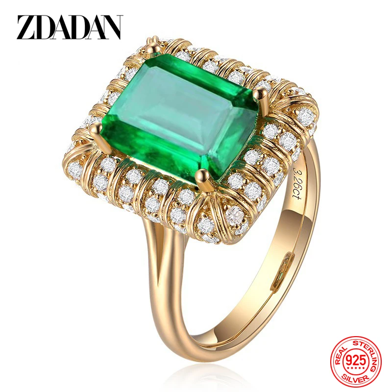 ZDADAN 925 Sterling Silver Emerald Finger Rings For Women Wedding Charm Jewelry Gift