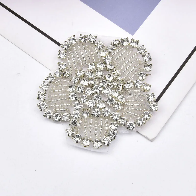 Rhinestone Iron on Bridal Patches Beaded Crystal Flower Applique Sew on Baby Headband Ribbon Trim Hat Clothes Shoes Accessories