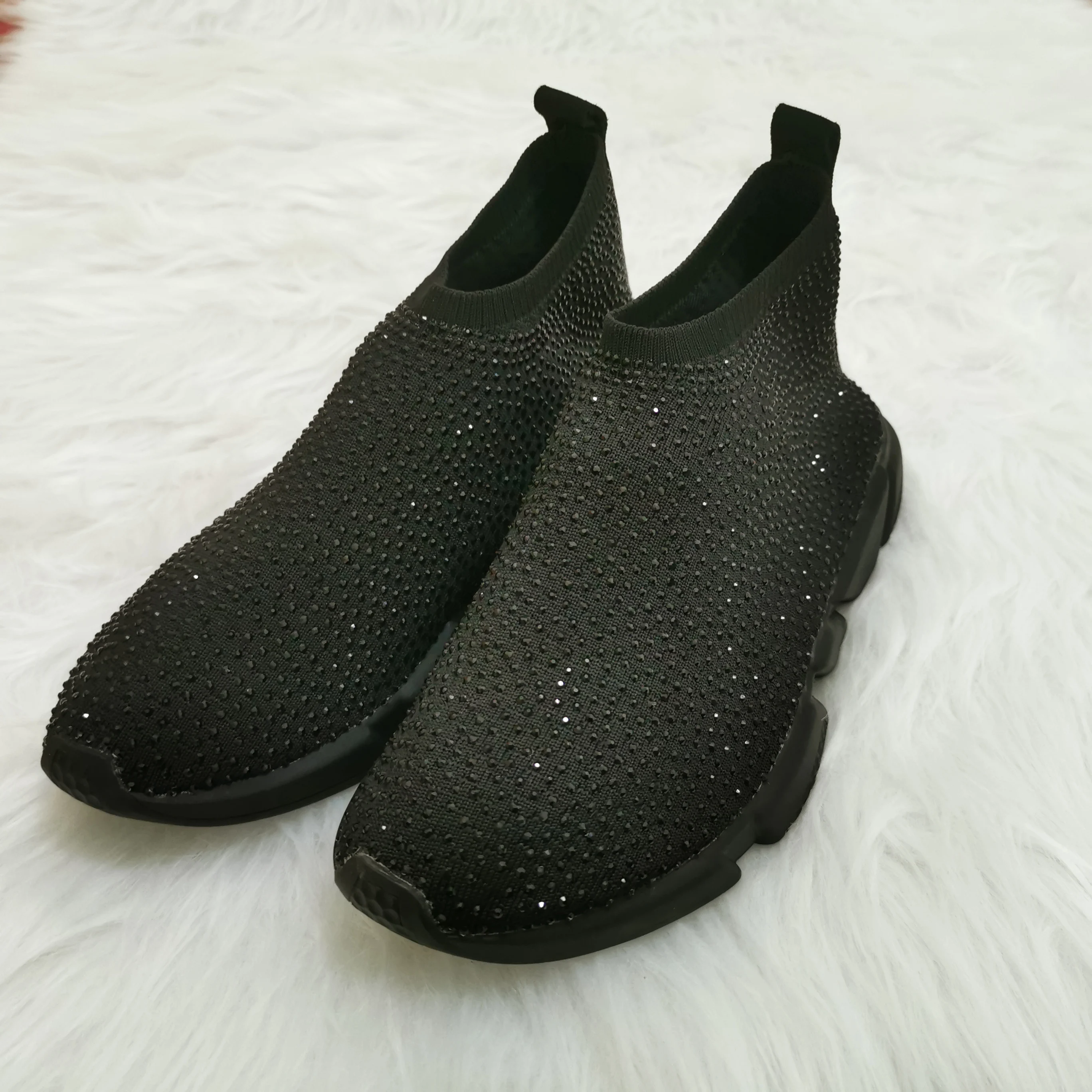 Elastic Stockings Sports Men And Women Model Black Short Neck Flat Bottom Handmade Rhinestone Sports shoes Knit Socks Size 34-45