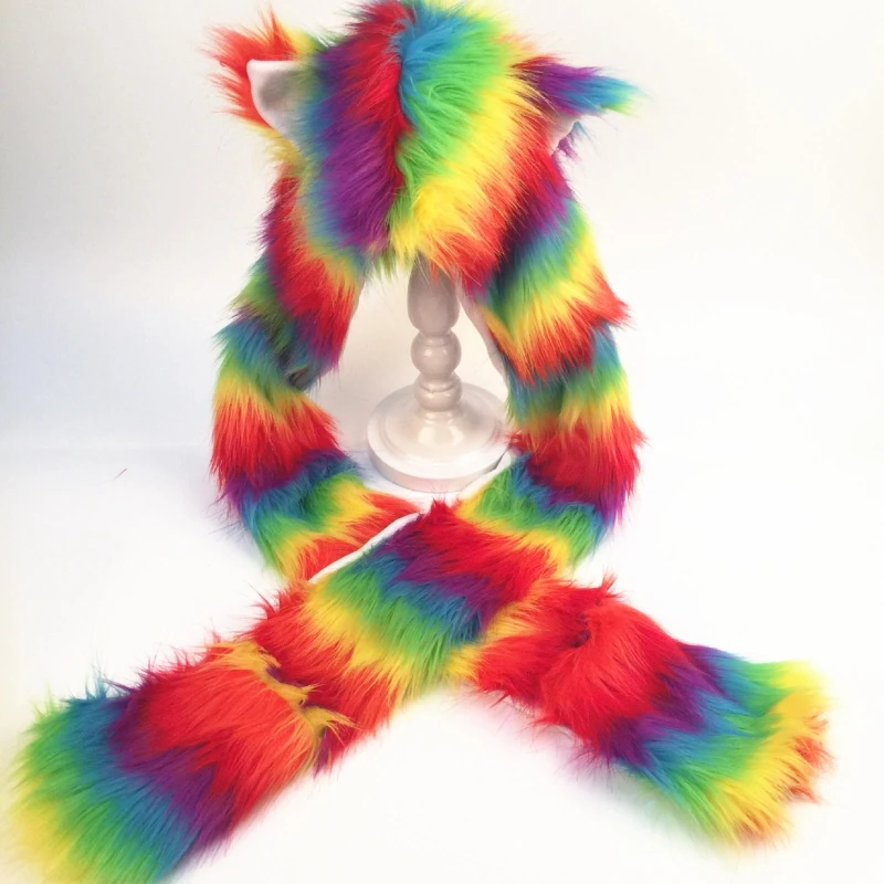 Women Rainbow Stripes Furry Animal Hoodie Hat Plush Ears Paws 3 In 1 Multifunctional Earflap Scarf Gloves Hat Earmuff