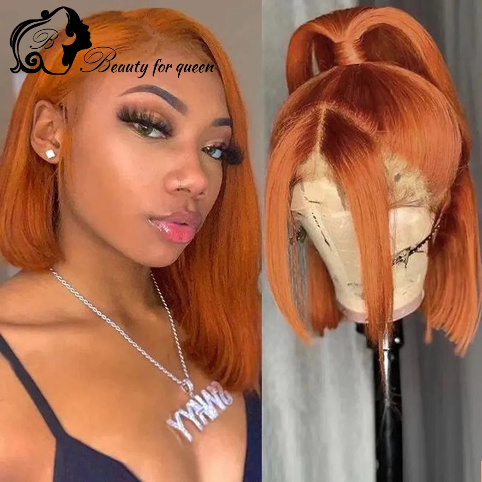 

Cosplay 180 Density Transparent 13x6 Lace Frontal Wigs Ginger Orange Straight Bob Brazilian Colored Human Hair Wig For Women